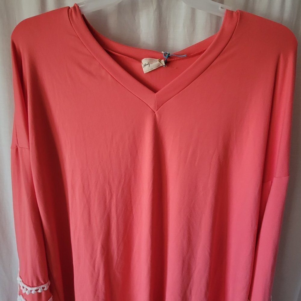 Lovely Melody top Coral NEW Boutique Small BOHO stretchy crochet arms flowy NWOT - Picture 7 of 12
